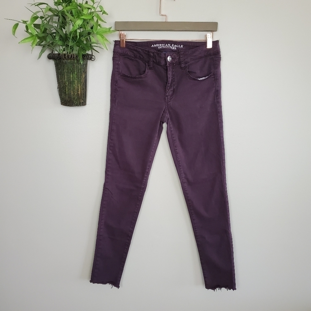 American Eagle Jegging Ankle Purple Skinny Frayed Mid Rise Stretch AE 6 Jeans